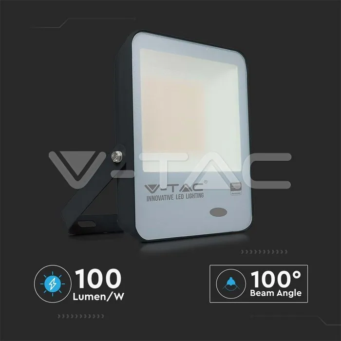 V-TAC VT-20177 100W LED Прожектор Със Светлинен Сензор SAMSUNG Чип Черно Тяло 6500K 100 lm/W