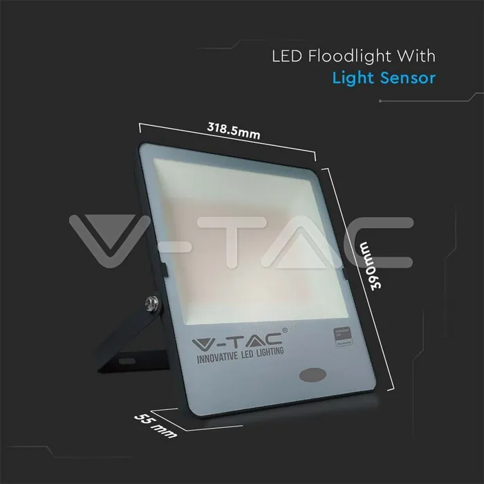 V-TAC VT-20178 150W LED Прожектор Със Светлинен Сензор SAMSUNG Чип Черно Тяло 3000K 100 lm/W