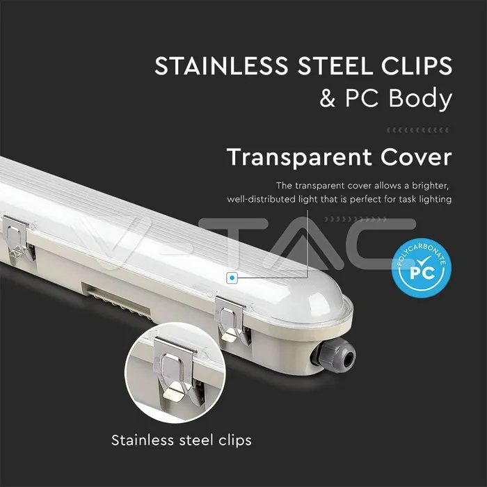 V-TAC VT-20212 LED Влагозащитено Тяло M-Серия 1200мм 36W 6400K Прозрачно Стоманен Клип 120 lm/W