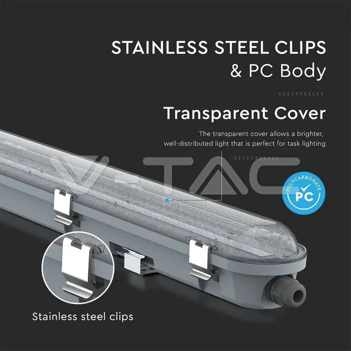 V-TAC VT-20219 LED Влагозащитено Тяло M-Серия 1200мм 36W 4000K Прозрачно Стоманен Клип 120lm/W