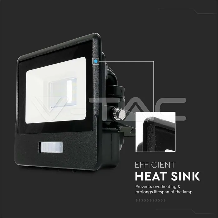 V-TAC VT-20256 10W LED Прожектор PIR Сензор SAMSUNG Чип Черно Тяло 3000K