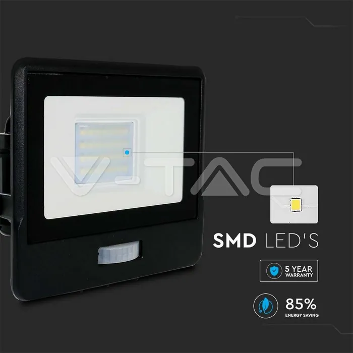 V-TAC VT-20261 20W LED Прожектор PIR Сензор SAMSUNG Чип Черно Тяло 6500K