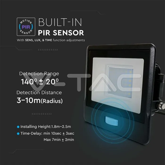 V-TAC VT-20262 30W LED Прожектор PIR Сензор SAMSUNG Чип Черно Тяло 3000K