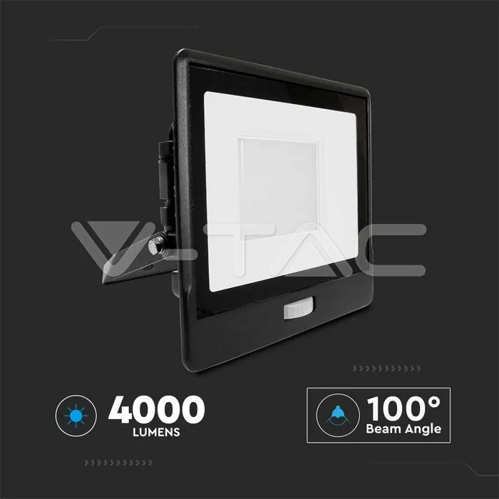 V-TAC VT-20266 50W LED Прожектор PIR Сензор SAMSUNG Чип Черно Тяло 4000K