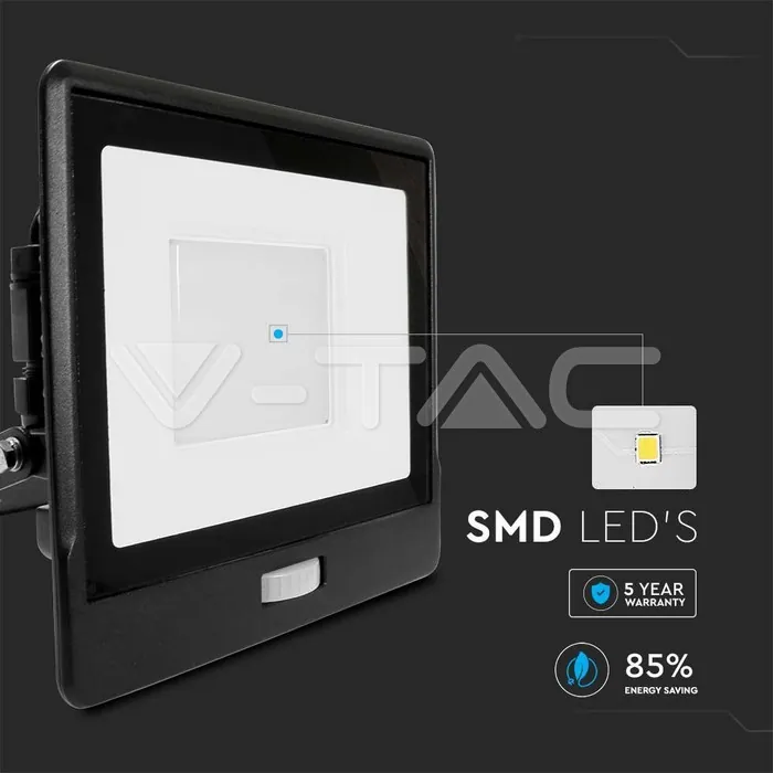 V-TAC VT-20266 50W LED Прожектор PIR Сензор SAMSUNG Чип Черно Тяло 4000K