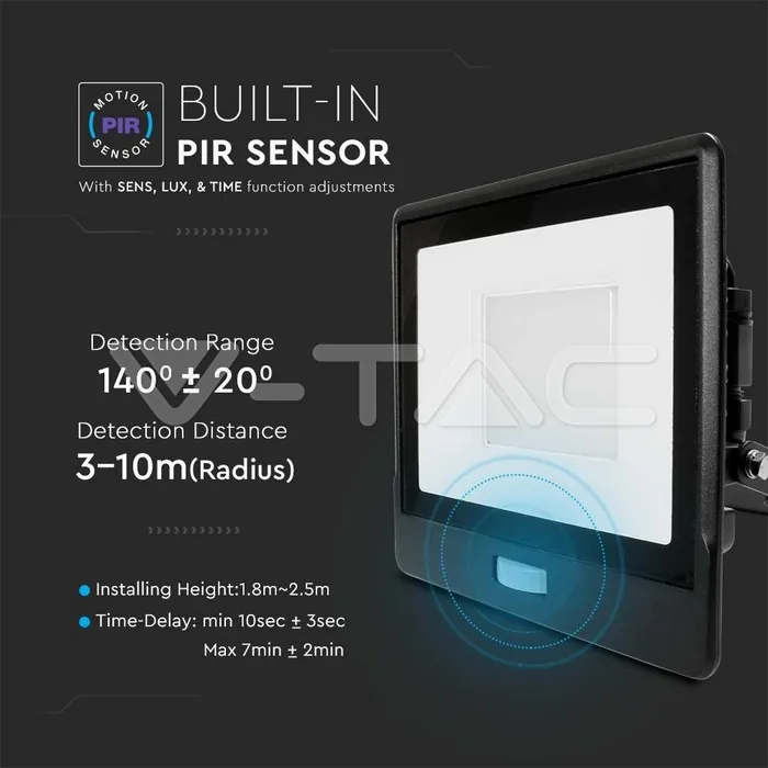 V-TAC VT-20266 50W LED Прожектор PIR Сензор SAMSUNG Чип Черно Тяло 4000K