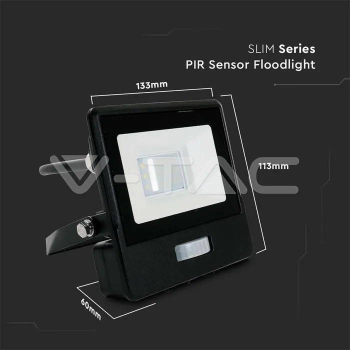 V-TAC VT-20282 10W LED Прожектор PIR Сензор SAMSUNG Чип Черно Тяло 6400K 1М Кабел