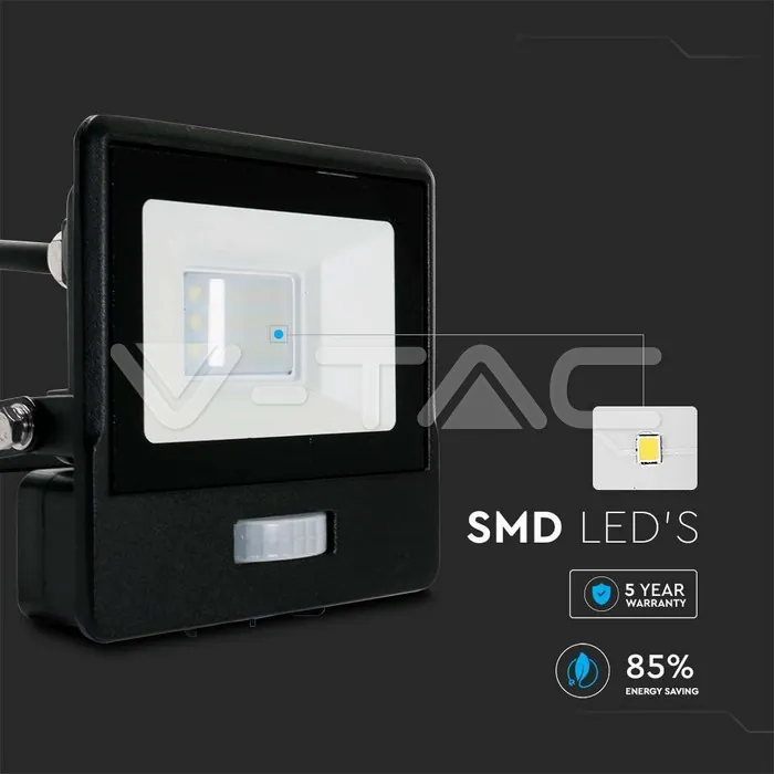 V-TAC VT-20282 10W LED Прожектор PIR Сензор SAMSUNG Чип Черно Тяло 6400K 1М Кабел