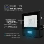 V-TAC VT-20282 10W LED Прожектор PIR Сензор SAMSUNG Чип Черно Тяло 6400K 1М Кабел
