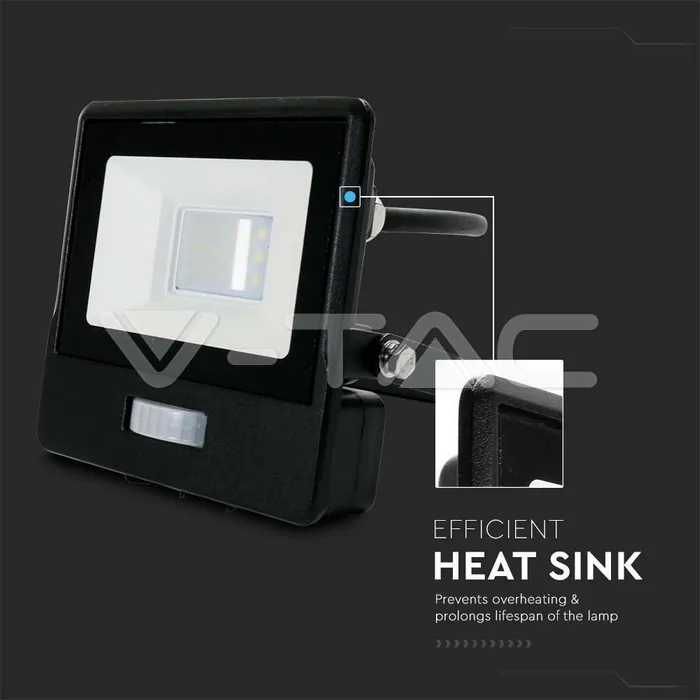 V-TAC VT-20282 10W LED Прожектор PIR Сензор SAMSUNG Чип Черно Тяло 6400K 1М Кабел