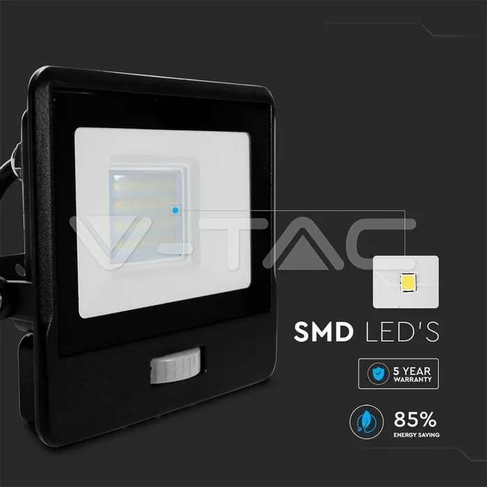 V-TAC VT-20283 20W LED Прожектор PIR Сензор SAMSUNG Чип Черно Тяло 3000K 1М Кабел