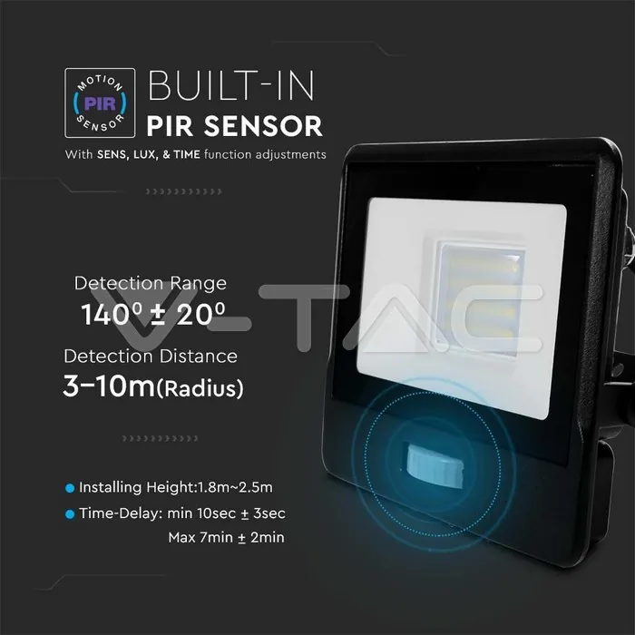 V-TAC VT-20283 20W LED Прожектор PIR Сензор SAMSUNG Чип Черно Тяло 3000K 1М Кабел