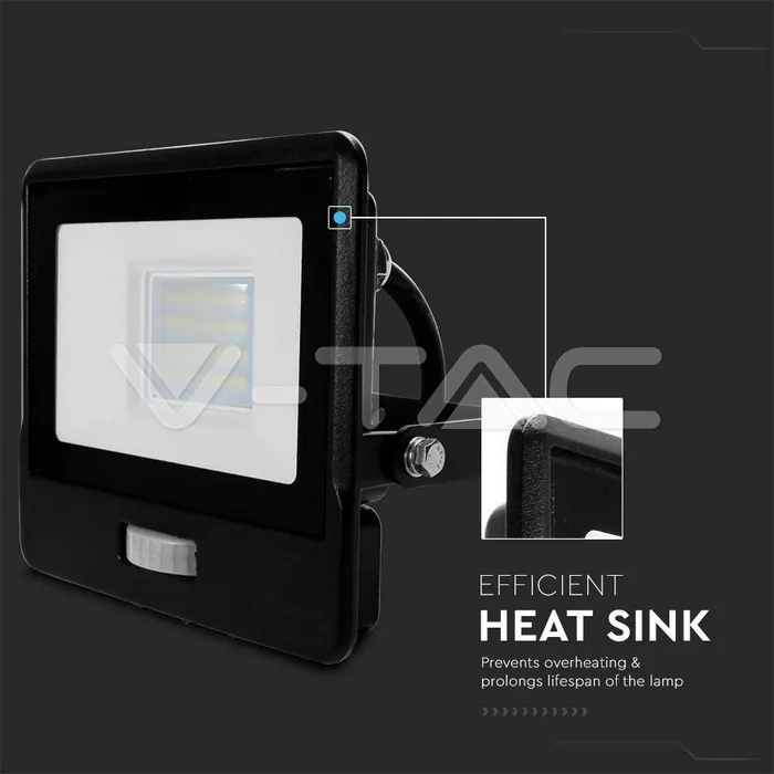 V-TAC VT-20283 20W LED Прожектор PIR Сензор SAMSUNG Чип Черно Тяло 3000K 1М Кабел