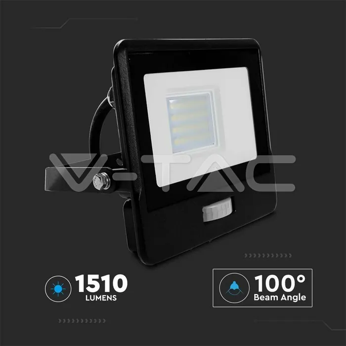 V-TAC VT-20283 20W LED Прожектор PIR Сензор SAMSUNG Чип Черно Тяло 3000K 1М Кабел