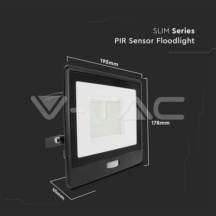 V-TAC VT-20290 50W LED Прожектор PIR Сензор SAMSUNG Чип Черно Тяло 4000K 1М Кабел