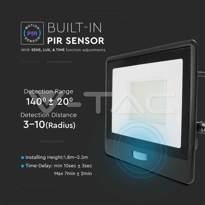 V-TAC VT-20290 50W LED Прожектор PIR Сензор SAMSUNG Чип Черно Тяло 4000K 1М Кабел