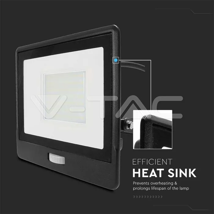 V-TAC VT-20290 50W LED Прожектор PIR Сензор SAMSUNG Чип Черно Тяло 4000K 1М Кабел