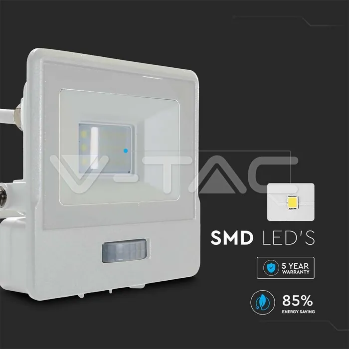 V-TAC VT-20292 10W LED Прожектор PIR Сензор SAMSUNG Чип Бяло Тяло 3000K 1М Кабел