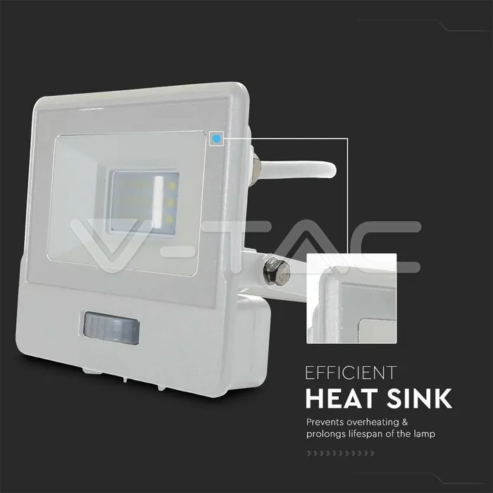 V-TAC VT-20292 10W LED Прожектор PIR Сензор SAMSUNG Чип Бяло Тяло 3000K 1М Кабел