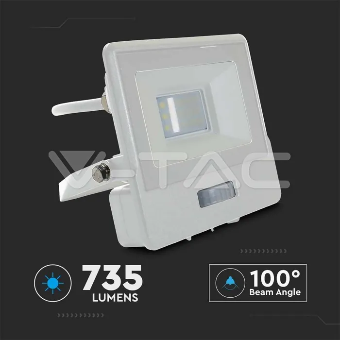 V-TAC VT-20292 10W LED Прожектор PIR Сензор SAMSUNG Чип Бяло Тяло 3000K 1М Кабел