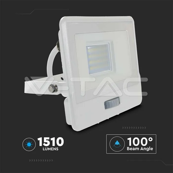 V-TAC VT-20295 20W LED Прожектор PIR Сензор SAMSUNG Чип Бяло Тяло 3000K 1М Кабел