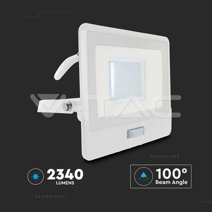 V-TAC VT-20300 30W LED Прожектор PIR Сензор SAMSUNG Чип Бяло Тяло 6400K 1М Кабел
