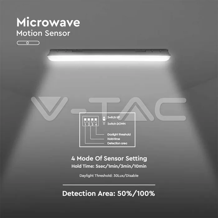 V-TAC VT-20468 LED Влагозащитени Тяло SAMSUNG Чип 120см 36W Сензор Стоманен Клип 4000К