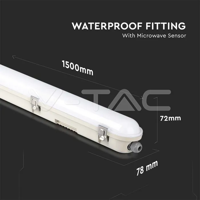 V-TAC VT-20471 LED Влагозащитени Тяло SAMSUNG Чип 150см 48W Сензор + Стоманен Клип 6400К