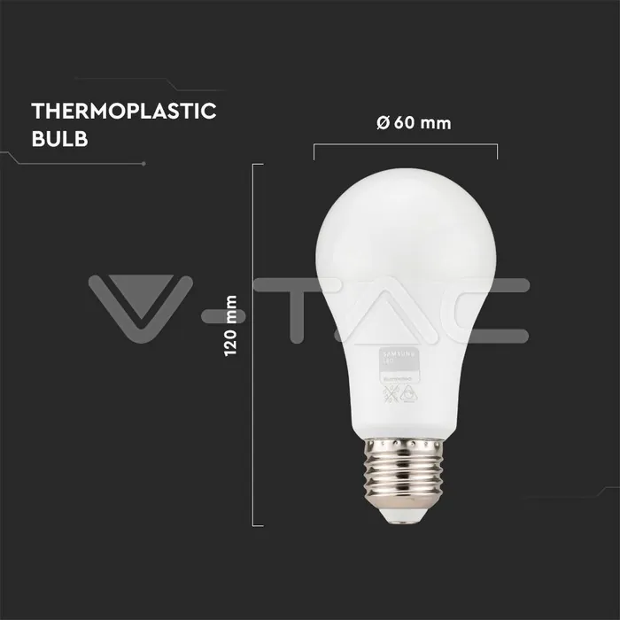 V-TAC VT-2120184 LED Крушка SAMSUNG Чип 12W E27 A60 Димираща 4000K