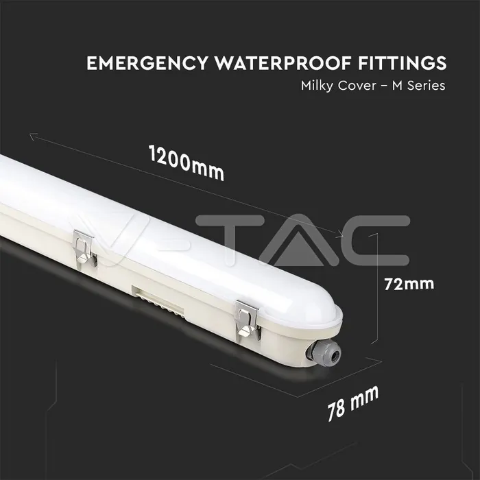 V-TAC VT-2120222 LED Влагозащитено Тяло М-Серия 1200мм 36W 6500K Авариино Захранване Стоманен Клип 120lm/W