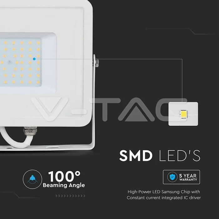 V-TAC VT-21411 50W LED Прожектор SAMSUNG Чип SMD G2 Бяло Тяло 6400К