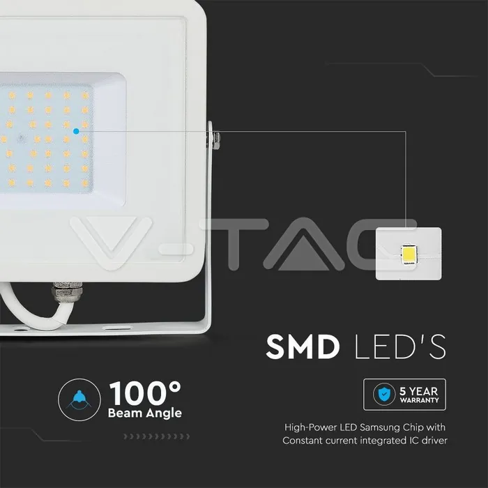 V-TAC VT-21410 50W LED Прожектор SAMSUNG Чип SMD G2 Бяло Тяло 4000К