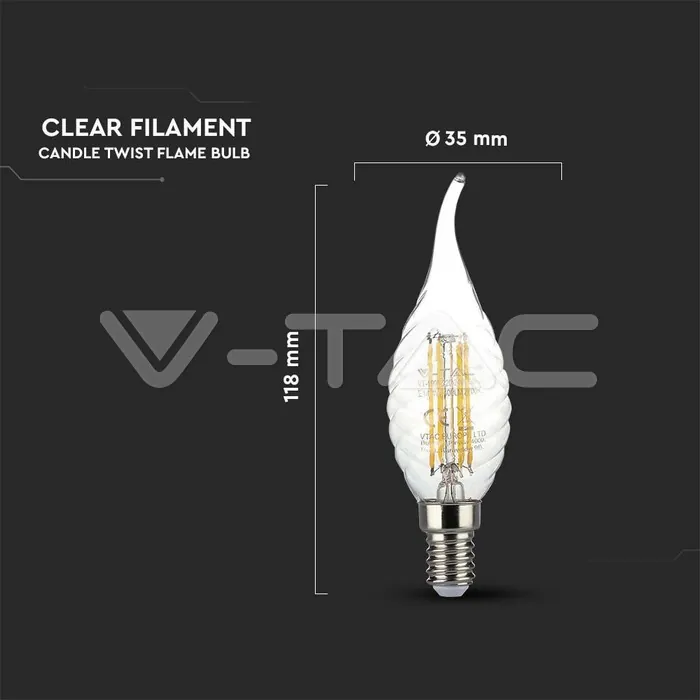 V-TAC VT-214308 LED Крушка 4W Filament E14 Кендъл Спирала Пламък 3000K