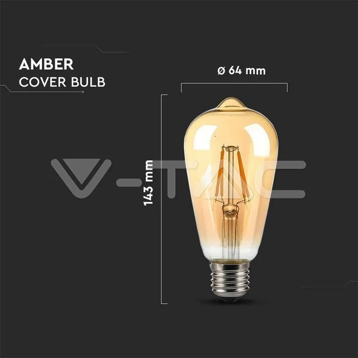 V-TAC VT-214421 LED Крушка 8W Filament E27 ST64 Амбър 2200K