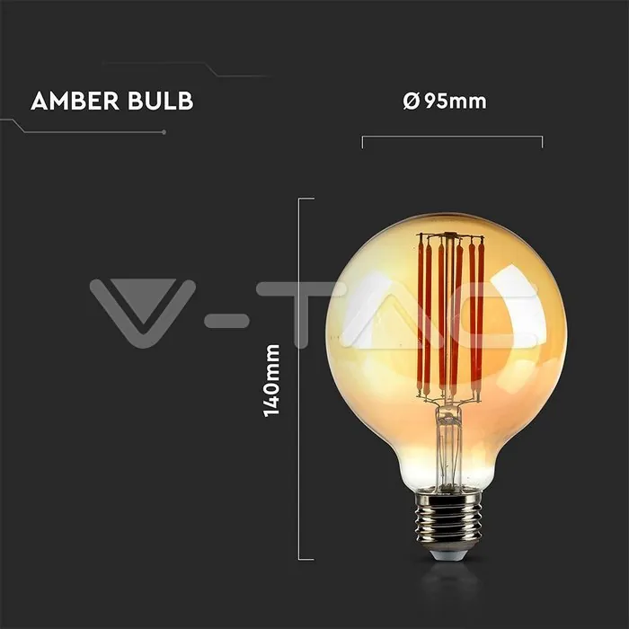 V-TAC VT-217147 LED Крушка 7W Filament E27 G95 Амбър 2200K
