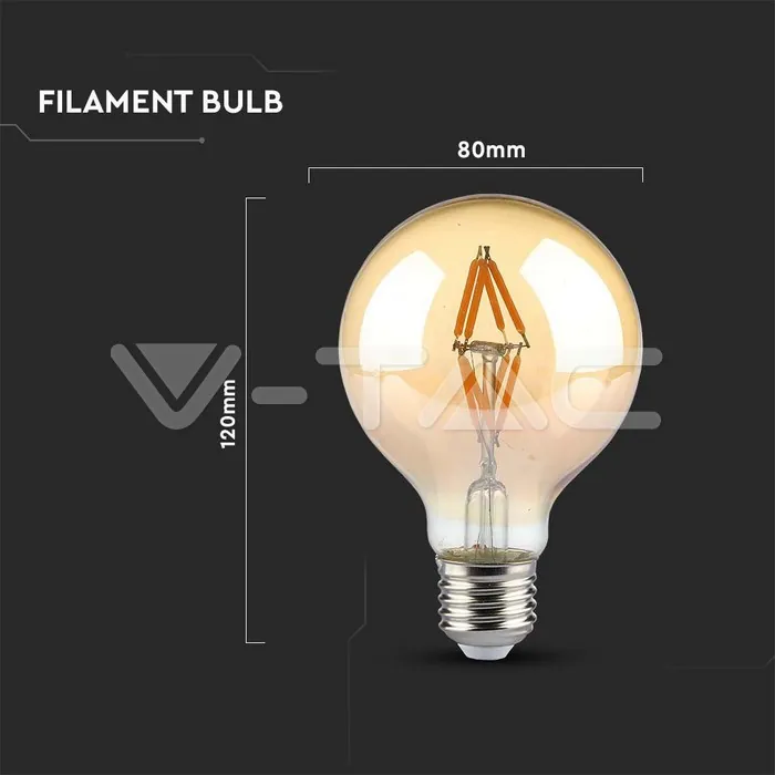 V-TAC VT-217148 LED Крушка 4W Filament E27 G80 Амбър 2200K