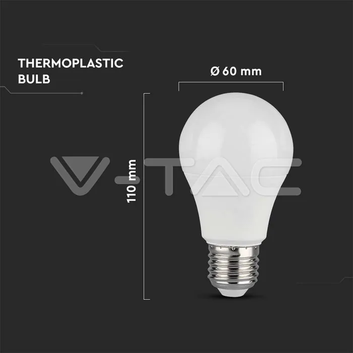 V-TAC VT-217351 LED Крушка 10.5W E27 A60 Термо Пластик 6400K 10Бр/Сет