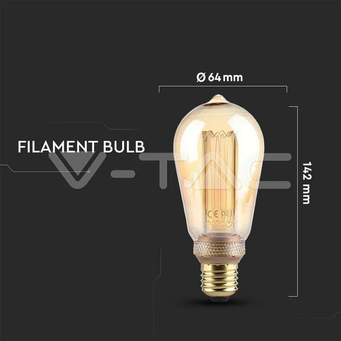 V-TAC VT-217474 LED Крушка 4W Filament E27 ST64 Амбър Арт 2200K