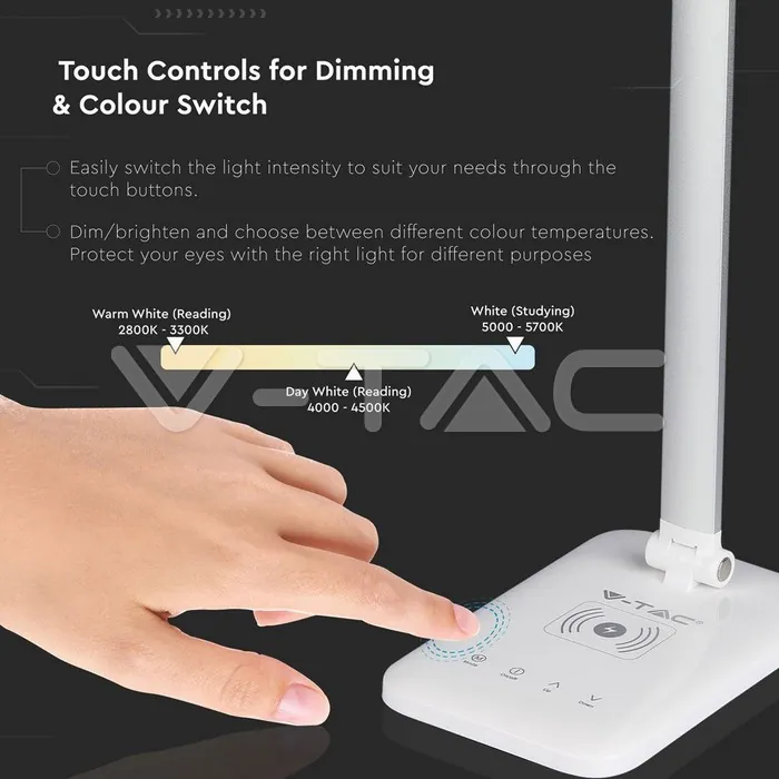 V-TAC VT-218519 7W LED Настолна Лампа Wireless Charger 3 в 1 Бяла
