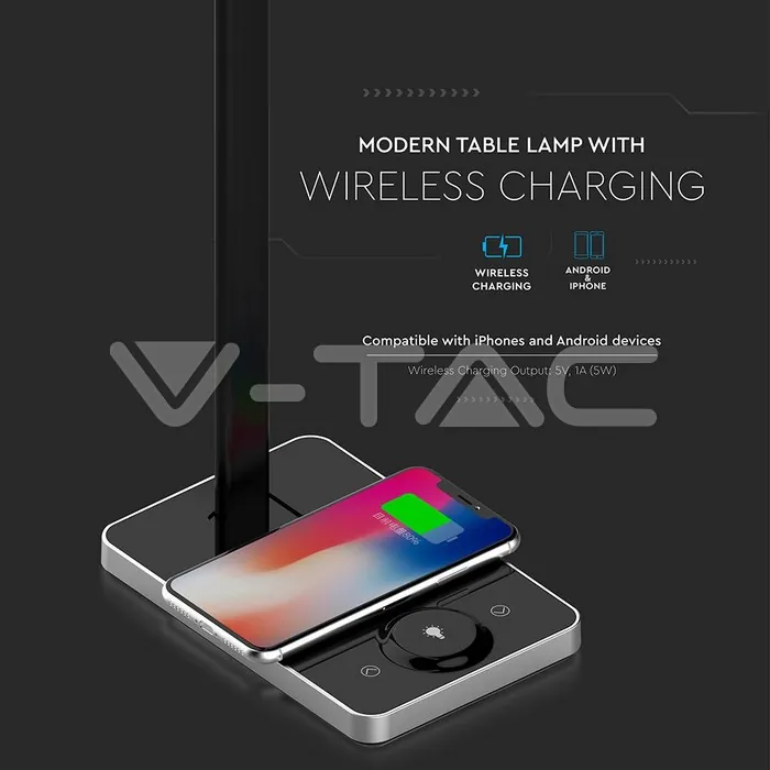V-TAC VT-218602 5W Настолна Лампа 3в1 Безжично Зареждане GSM Черна Правоъгълна Основа
