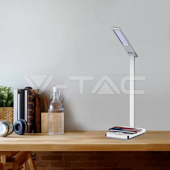 V-TAC VT-218603 5W Настолна Лампа 3в1 Безжично Зареждане GSM Бяла Правоъгълна Основа