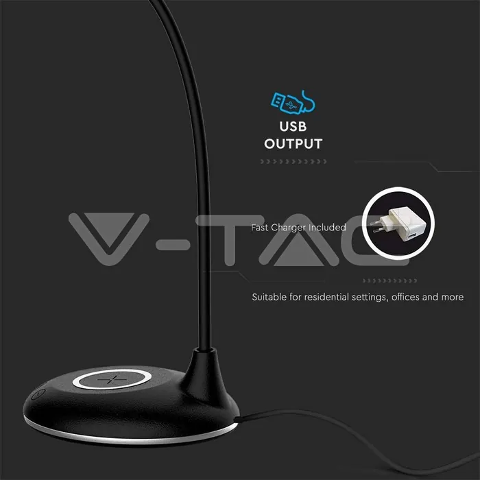 V-TAC VT-218604 5W Настолна Лампа 3в1 Безжично Зареждане GSM Черна Кръгла Основа