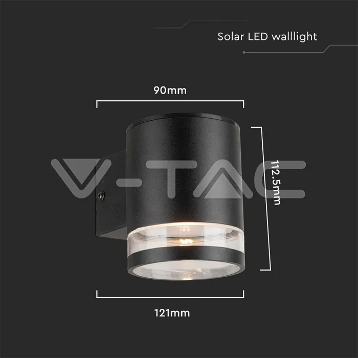 V-TAC VT-23012 1W LED Соларна Стенна Лампа SMD Черно Тяло IP44 3000K
