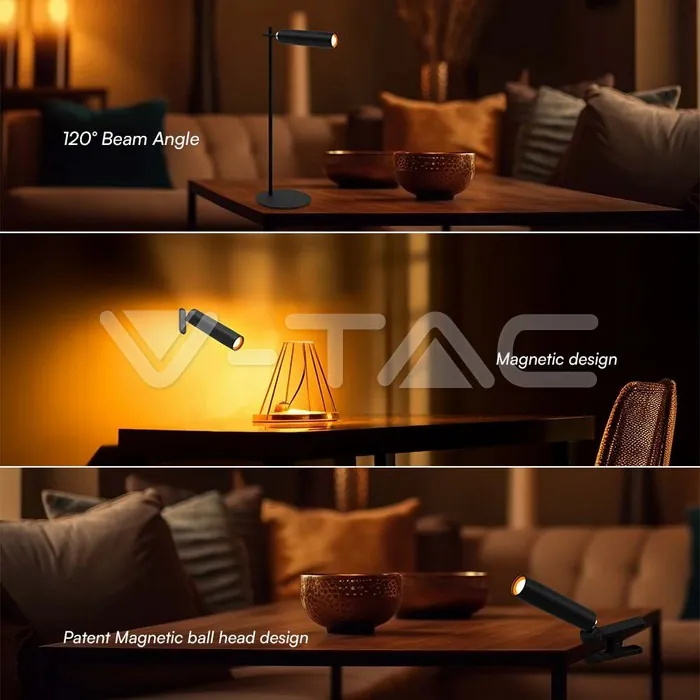 V-TAC VT-23042 3W LED Магнитна Настолна Лампа 4000K Черно Тяло