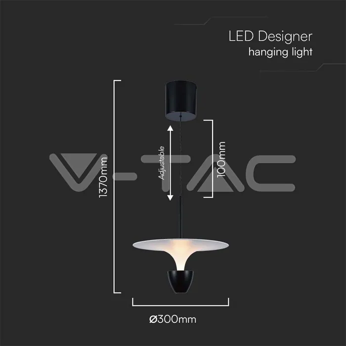 V-TAC VT-23101 9W LED Висяща Лампа (30*300*1370MM) Бяло + Черно Тяло 3000K Регулируема