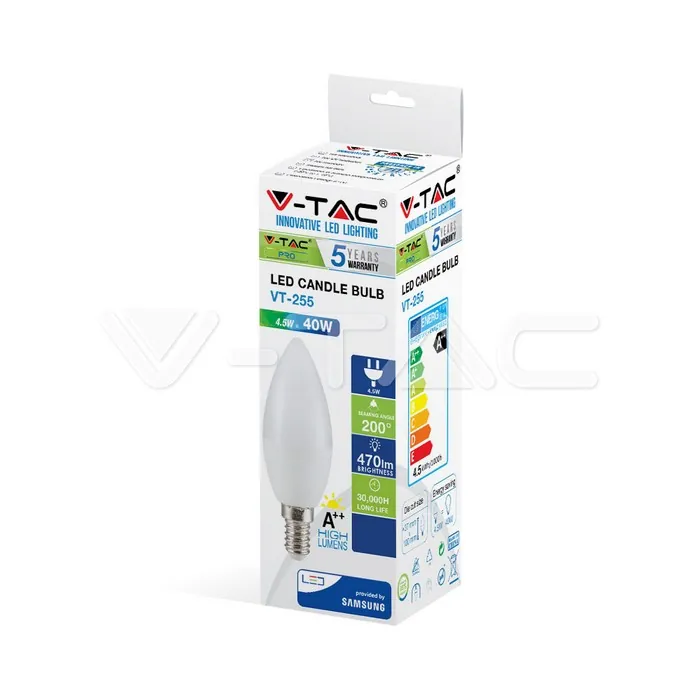 V-TAC VT-260 LED Крушка SAMSUNG Чип 4.5W E14 A++ Кендъл 6400K