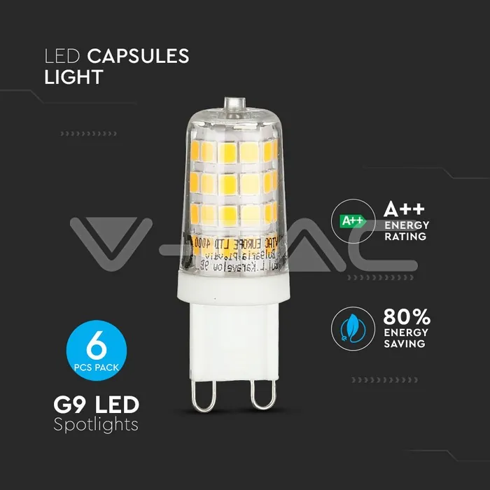 V-TAC VT-2747 LED Крушка 3W G9 Пластик 6400K 6 бр./Сет