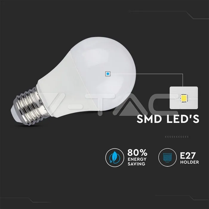 V-TAC VT-2762 LED Крушка 9W E27 A60 RA80 Микровълнов Датчик 6400K