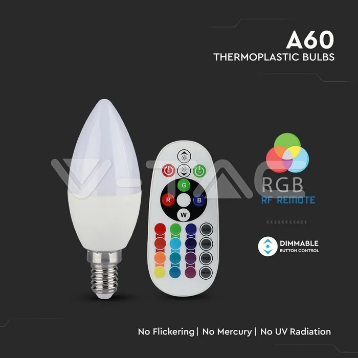 V-TAC VT-2770 LED Крушка 3.5W Е14 А80 Кендъл Димираща С Дистанционно RGB 4000K