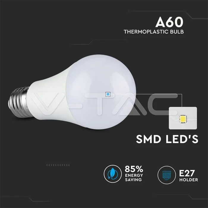V-TAC VT-2807 LED Крушка - 6.5W E27 A60 Пластик 4000K 160 lm/W
